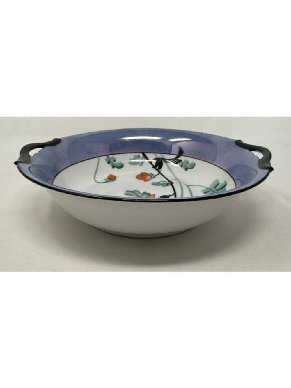 NORITAKE MORIMURA TWO HANDLED SERVING BOWL Floral Art Deco Blue Luster Ware - Picture 7 of 15